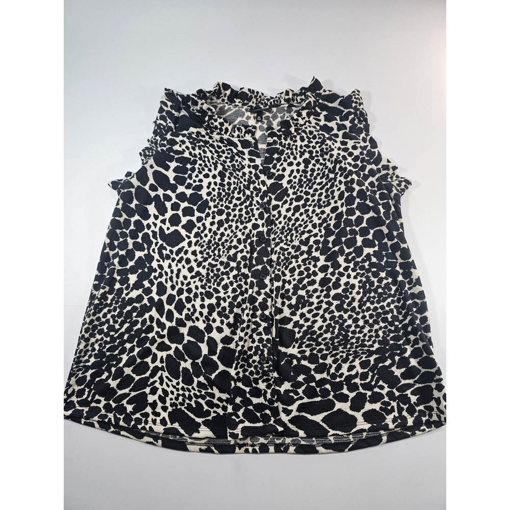 Who‎ What Wear Animal Print Top Womens XL Black White Ruffle Button Blouse